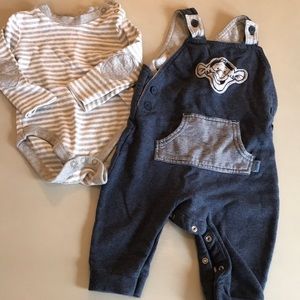 Cotton tigger overalls and grey striped onesie